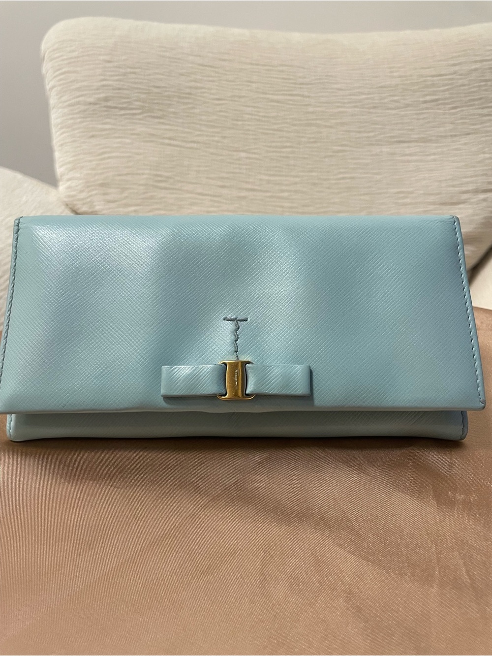 Salvatore Ferragamo Powder Blue Leather Bow Clutch with Gold Accent